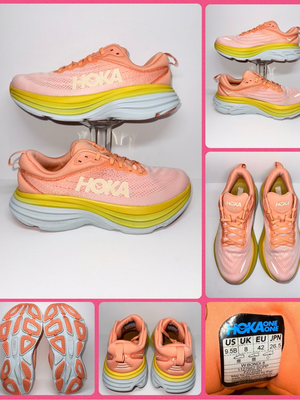 HOKA BONDI 8 Peach and Yellow Platform Running Shoes